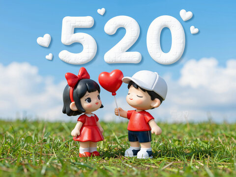 520 Couple Dolls with Heart Balloon on Grass