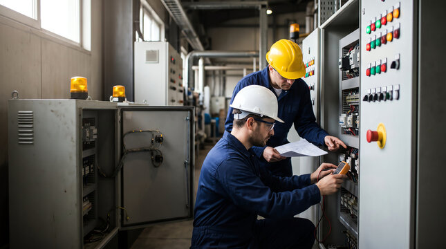 Two electricians in blue overalls and hard hats troubleshooting electrical control panel with status lights and emergency stop button
