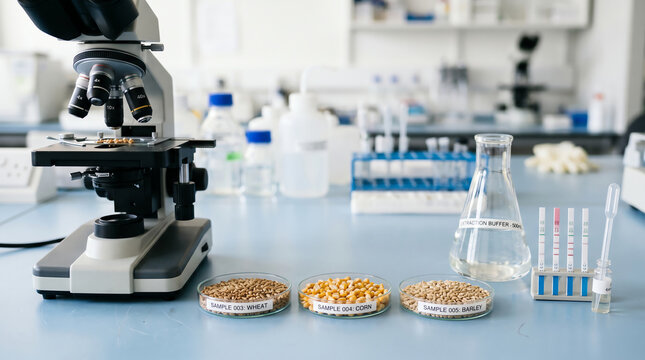 Petri dishes of grain samples beside microscope and rapid mycotoxin strips with buffer flask on lab bench
