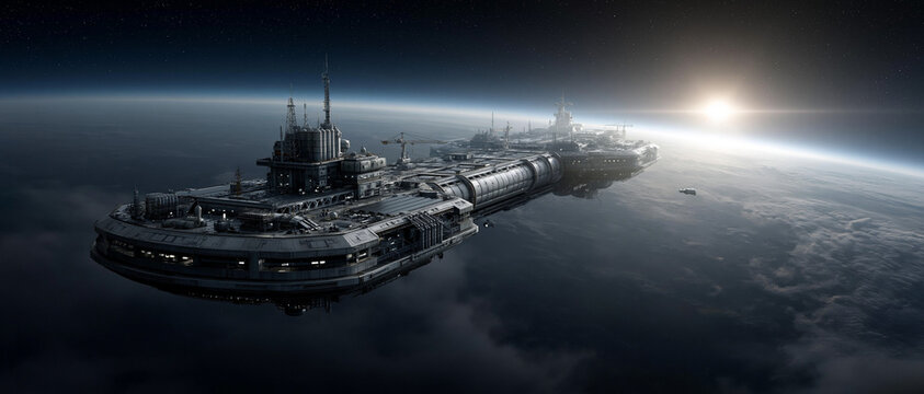 Exploration mission aboard futuristic spacecraft low earth orbit digital art cosmic environment dramatic viewpoint sci-fi concept
