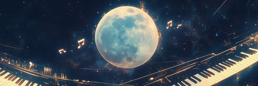 Cosmic music background with glowing piano keys, floating musical notes, full moon in starry sky, musical astronomy design, dreamy night sky wallpaper, moon music party Artemis universe explore style