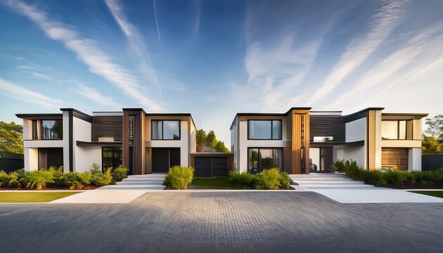 a modern twin house community with a row of homes showcasing clean lines contemporary design and matching facades