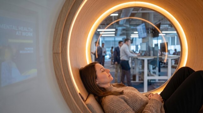 Empleado en c&aacute;psula de meditaci&oacute;n en oficina corporativa moderna