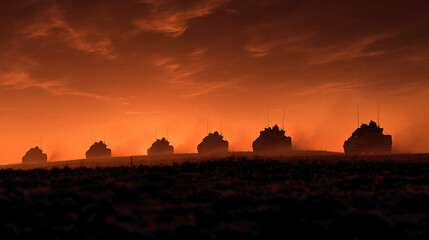 Obraz premium Military tanks advancing at dusk desert landscape high-contrast image dramatic atmosphere