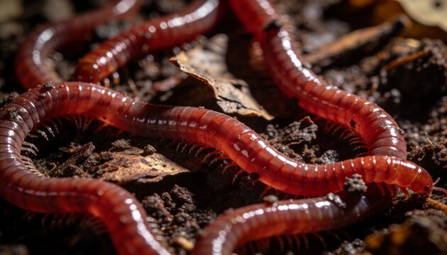 Crawling glossy reddish-brown millipedes moving across forest leaf litter, with moist soil and bark