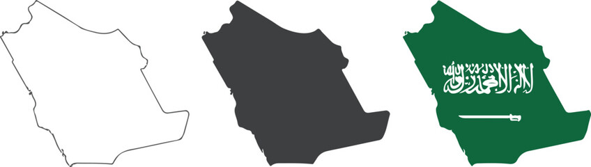 Saudi Arabia map set with outline silhouette and national flag design vector illustration for middle east geography and travel, © DIPU