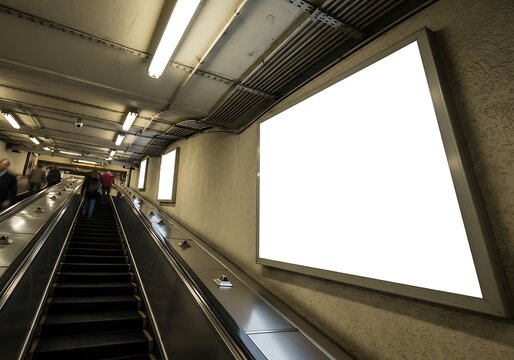 Escalator in underground setting with blank advertising screen copy space
