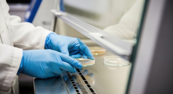 Scientist holding petri dish in laminar flow cabinet. Researcher performing microbiology experiment in laboratory. Medical investigation, sterile work, biotechnology and clinical science research.