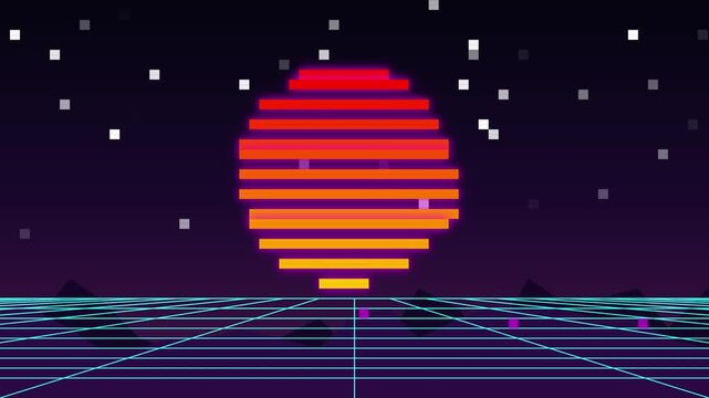 Retro 80s Synthwave Sunset Animation with Glowing Neon Grid Landscape