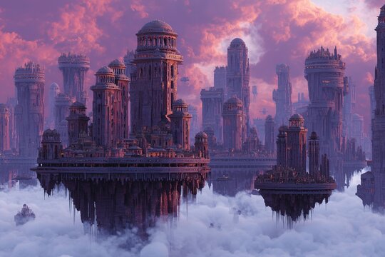 Futuristic floating cityscape with towering structures and intricate architecture above a sea of clouds during a vibrant sunset with purple and orange hues