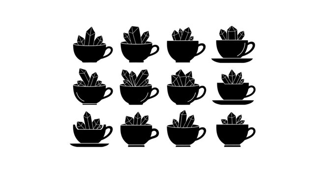 Crystal teacup icons set isolated on white background gem stones inside cup glyph style vector illustration design concept for t-shirt print