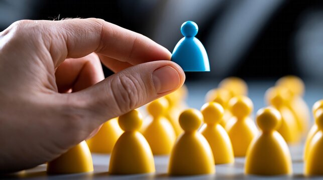 Human hand selecting one blue individual pawn from a diverse group of yellow tokens, representing choice and recruitment