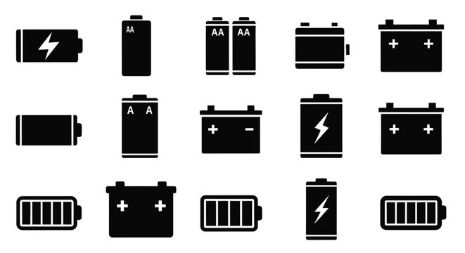 Battery icons set black silhouettes on a white background high quality