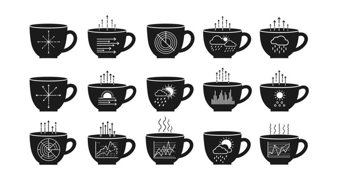 Data analysis and weather forecast in teacup icons set isolated on white background data processing visualization vector illustration