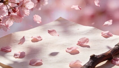Fototapeta premium Drifting pink cherry blossom petals floating above textured cream paper in park, with twig