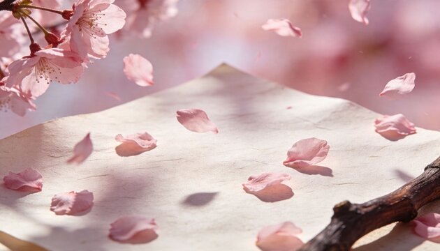 Drifting pink cherry blossom petals floating above textured cream paper in park, with twig
