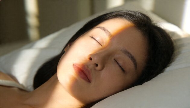 Lying Asian woman resting on bed pillow at home, showing sunbeam across face and thin strap
