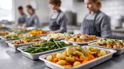 Obraz premium Catering staff preparing and serving a variety of delicious dishes in a commercial kitchen.