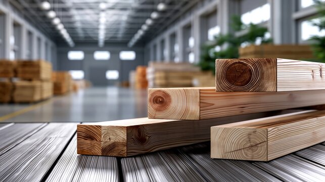 Wooden timber beams resting on a metal surface, ready for processing in a large industrial warehouse. Manufacturing wood materials