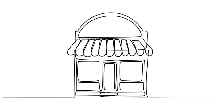 Continuous single line drawing of a small shop store front with an awning Vector, illustration