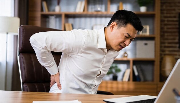 Leaning forward, middle-aged Asian man in white shirt pressing lower back at office, laptop nearby