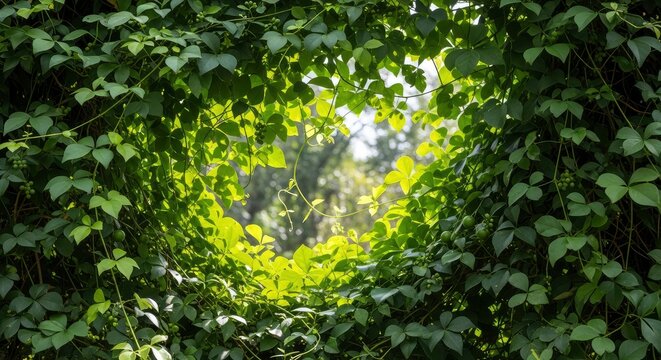 Lush green vine leaves forming a natural circular frame with sunlight shining through the center, beautiful outdoor nature background