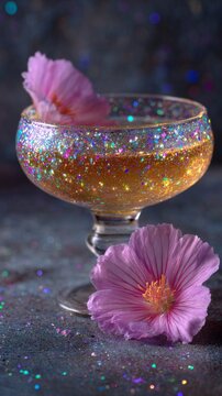 Glittering peachy cocktail fills a beautiful glass, surrounded by soft pink flowers. Sparkles dance in the light, creating a magical atmosphere for summer evenings filled with laughter