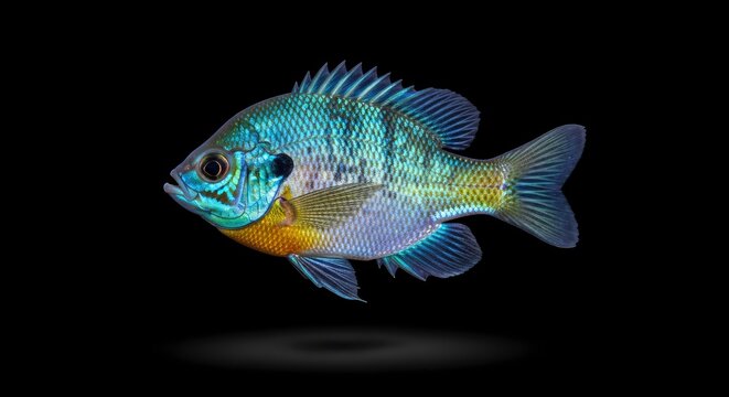 Vibrant Bluegill Sunfish with Iridescent Scales Isolated on Black Background