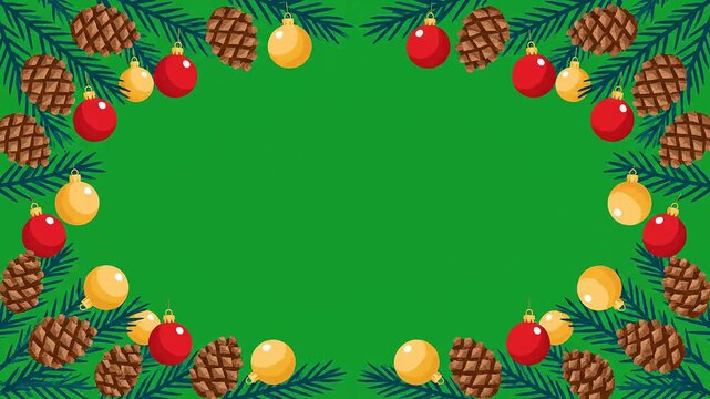 Festive Christmas frame with pine cones, red and gold ornaments, and bright green copy space for seasonal design