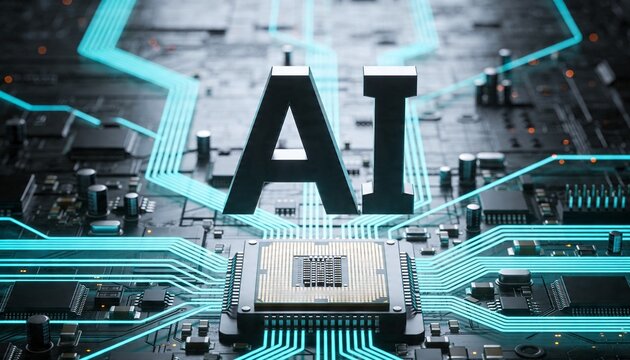 Hovering 3D AI letters glowing above central chip on closeup PCB, with cyan traces