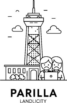 Sad people using laptop in front of city tower landmark
