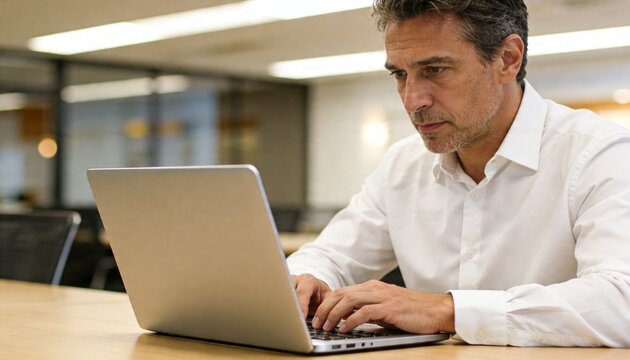 Typing man in white shirt using silver laptop at wooden table in open-plan office, copy space