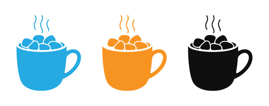 Colorful icon set of hot beverage cups with marshmallows in blue, Orange, And black vector illustration