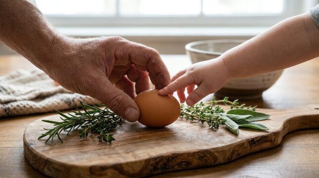 Grandfather's hands offer an egg to a child's curious hand on a wooden board with herbs grandfather preparation gathering