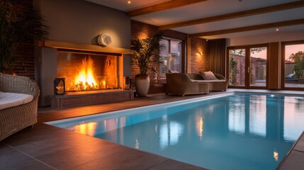 Obraz premium Brightly lit, a spacious indoor pool glistens in a contemporary Dutch villa. A warm fire crackles nearby, creating an inviting atmosphere for leisurely swims and relaxation at dusk