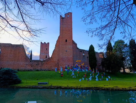 View of the medieval walls of the Tempesta Castle in Noale, Venice, Italy.