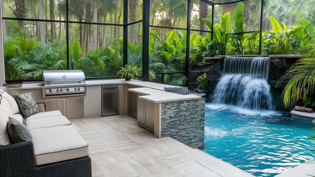 An outdoor kitchen area features a grill, seating, and a pool with a waterfall surrounded by tropical plants