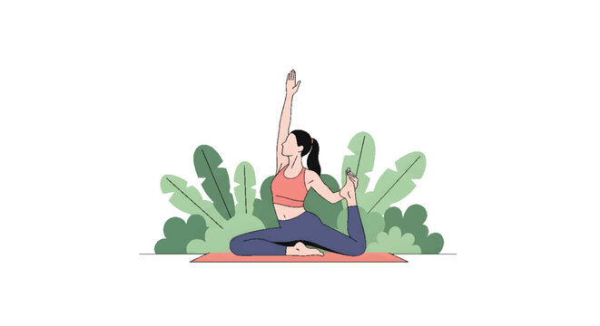 Woman practicing yoga King Pigeon Pose (Eka Pada Rajakapotasana) in a serene natural environment with lush green leaves.