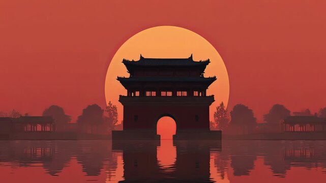 Chinese arch silhouette at sunset, realistic vector illustration background