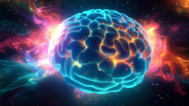 This clip showcases the visualization of a brain like structure surrounded by colorful cosmic elements in outer space