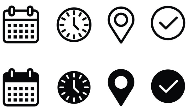 Calendar clock location and checkmark icon set representing time, place, and completion status in modern vector illustration style