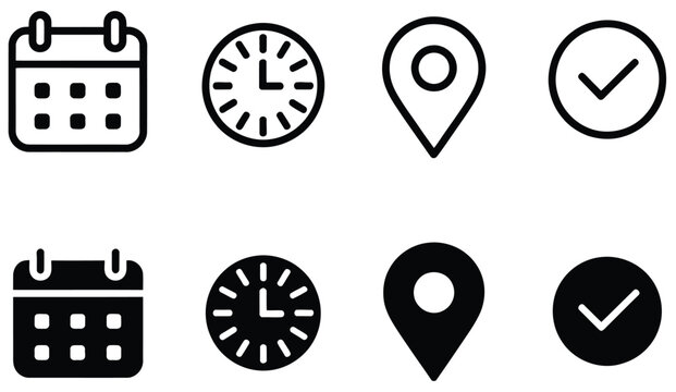 Calendar clock location and checkmark icons vector illustration for scheduling, navigation, and task completion design