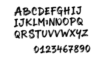 Obraz premium Handwritten alphabet and numbers in black ink on white background.
