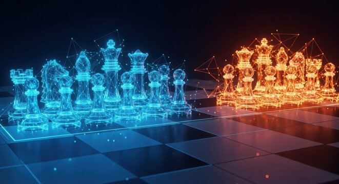 A blue and orange chess set on a reflective surface illustration