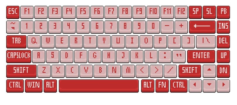 "Complete set of computer keyboard keys in retro pixel art style. Featuring a vibrant red and cream color palette, these 8-bit inspired buttons are perfect for game user interface (UI) design, HUDs