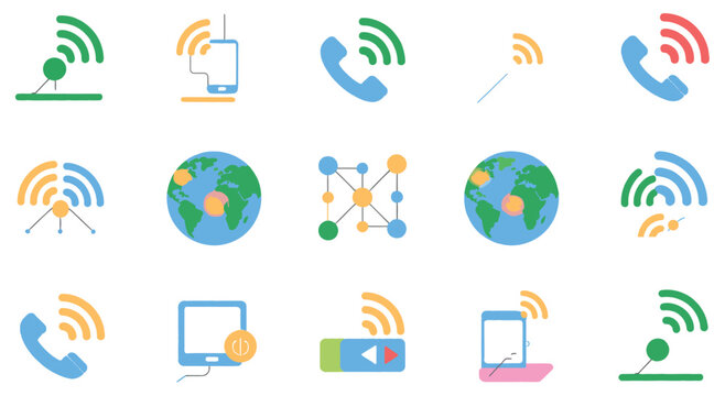 Adobe Illustrator ArtworkCommunication technology icon set, internet, smartphone, signal, email, cloud, and networking symbols in simple flat vector style, modern digital communication collection for 