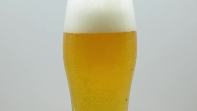 Macro close-up of sparkling golden beer inside a glass, showing active carbonation with tiny bubbles rising rapidly. Detailed texture of fresh alcoholic beverage.