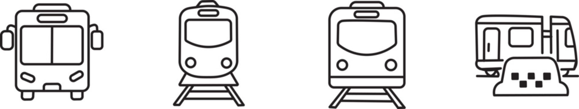 Collection of train icons front view different types of locomotives .Collection of public transportation icons featuring bus tram train taxi ferry 