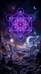 Obraz premium Sacred Geometry Above Alien Planet Landscape, Cosmic Abstract Background with Glowing Geometric Pattern and Neon Universe