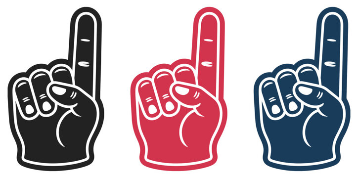 Number one foam finger icons set featuring pointing hand gesture for sports supporters, cheering crowds, and stadium event illustration